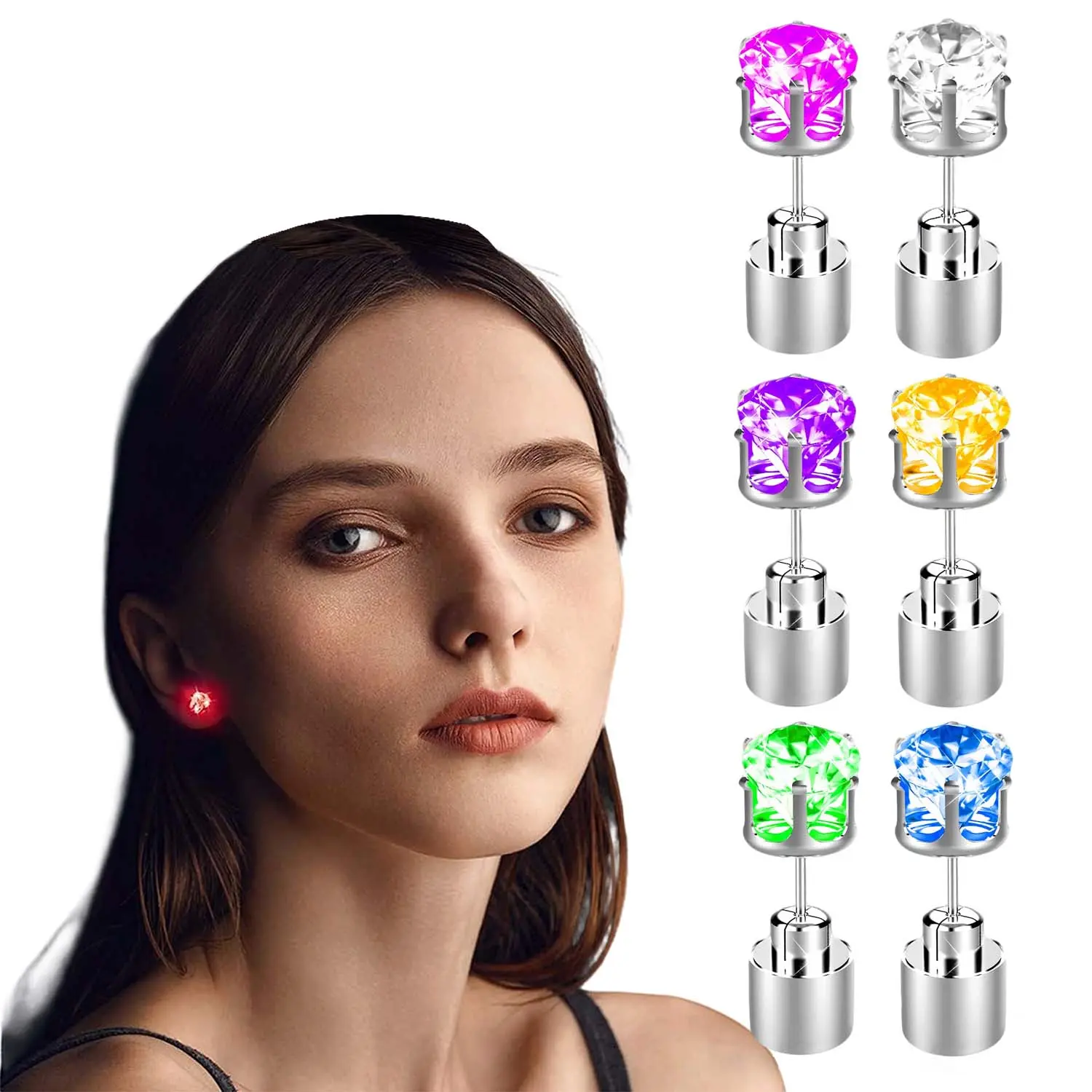 6PCS LED Light Up Earrings Stainless Steel Studs, Party Earrings for Women Men Halloween Christmas Gifts