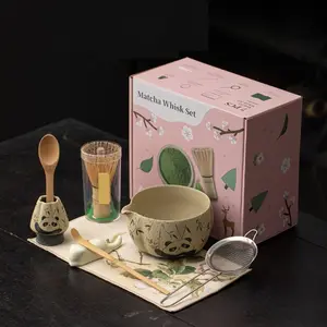 Firestone Red Matcha Eight-Piece Set with Gold-Embossed Panda Ceramic Tea Bowl, Tea Whisk Stand, Baibenli, Song Dynasty Matcha Tools