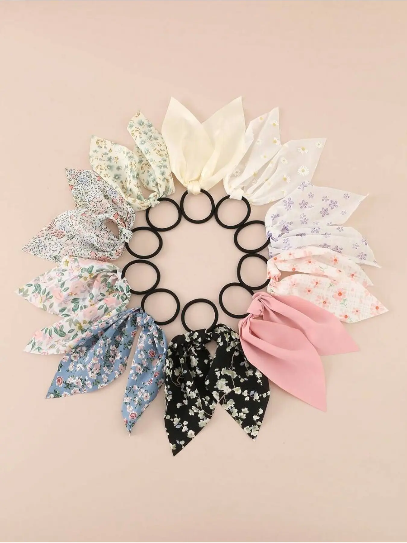 10Pcs Bunny Ear Hair Ties Cottagecore Style Fresh Floral & Solid Chiffon Ribbon High Elastic Hurt-Free Scrunchies for Young Girls Summer Outing & Daily Ponytail