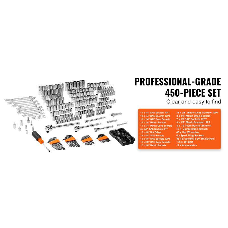 VEVOR Mechanics Tool Set and Socket Set, 1/4 3/8 1/2 Drive Deep and Standard Sockets, 450 Pcs SAE and Metric Mechanic Tool Kit with Bits, Hex Wrenches, Combination Wrench, Accessories, Storage Case