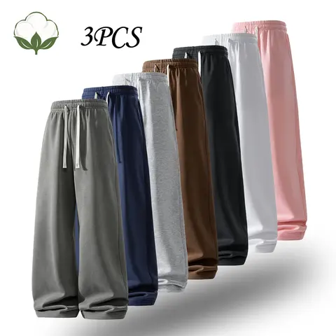 Men's 3-Pack Cotton Wide-Leg Sweatpants, Ultra-Soft Breathable Athletic Lounge Pants, Fall Winter Comfort Bottoms for Basketball, Running, Cotton Sweatpants