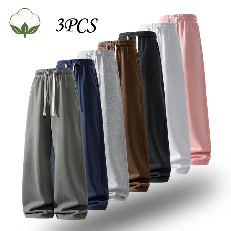 Men's 3-Pack Cotton Wide-Leg Sweatpants, Ultra-Soft Breathable Athletic Lounge Pants, Fall Winter Comfort Bottoms for Basketball, Running, Cotton Sweatpants