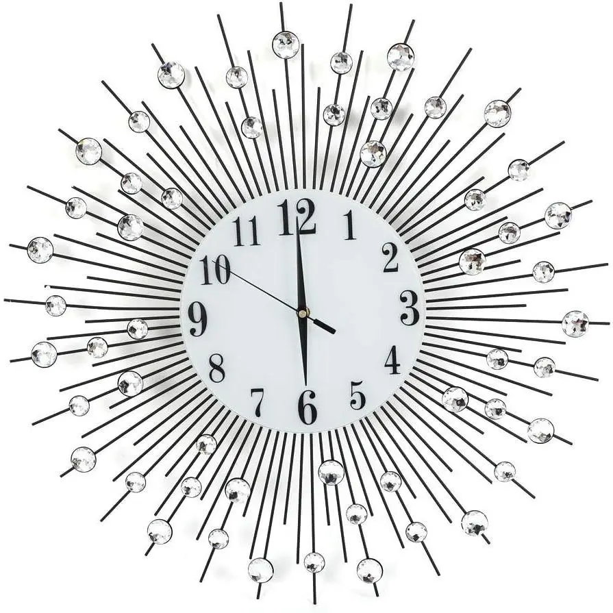 60x60cm Sunburst Modern Crushed Diamond Round Quartz Wall Clock - Non-Ticking Silent, Glass-Metal Build, Decorative Pointer, Indoors Home Living Room Decor