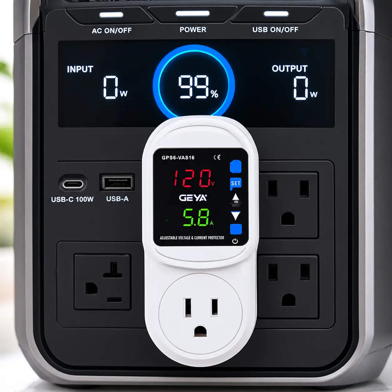 GEYA 16A Adjustable Voltage Protector Socket US Plug — AC 110V Over/Under Voltage & Overcurrent Protection, Customizable Thresholds, Plug & Play, LED Dual Display, Auto-Restart for Home, Refrigerator, TV, Air Conditioner outlet wall