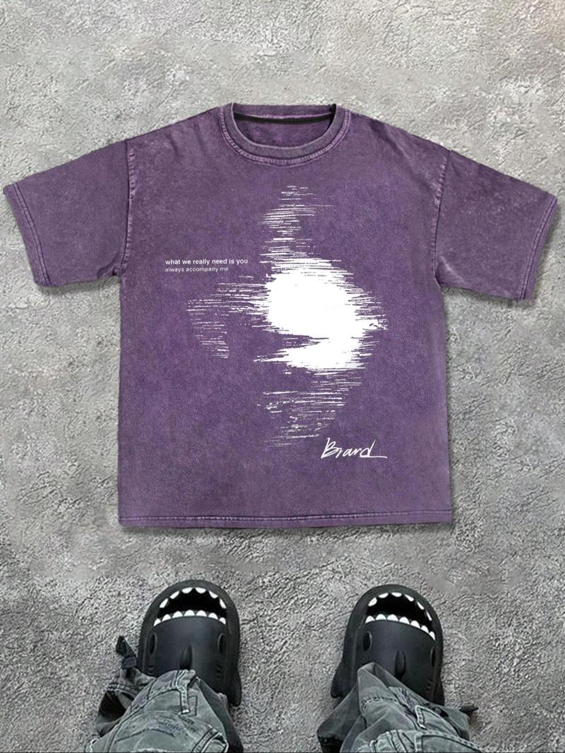 Men's Regular Fit Plain Wave Print Short Sleeve Graphic Tee Casual Style Tee Comfy Round Neck T-shirt for Summer, Fashion Men's Top for Daily Wear, Cotton