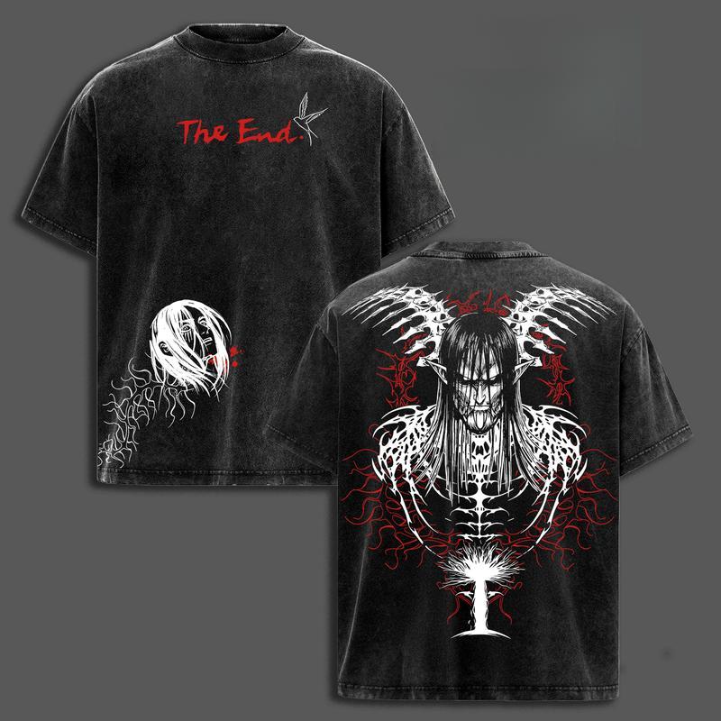 Eren Yeager "The End" Attack on Titan Graphic Tee – Final Season Oversized Acid-Washed Anime Shirt, Cotton Streetwear Unisex Top, Trendy Menswear for Casual, Party, Convention, and Anime Fans