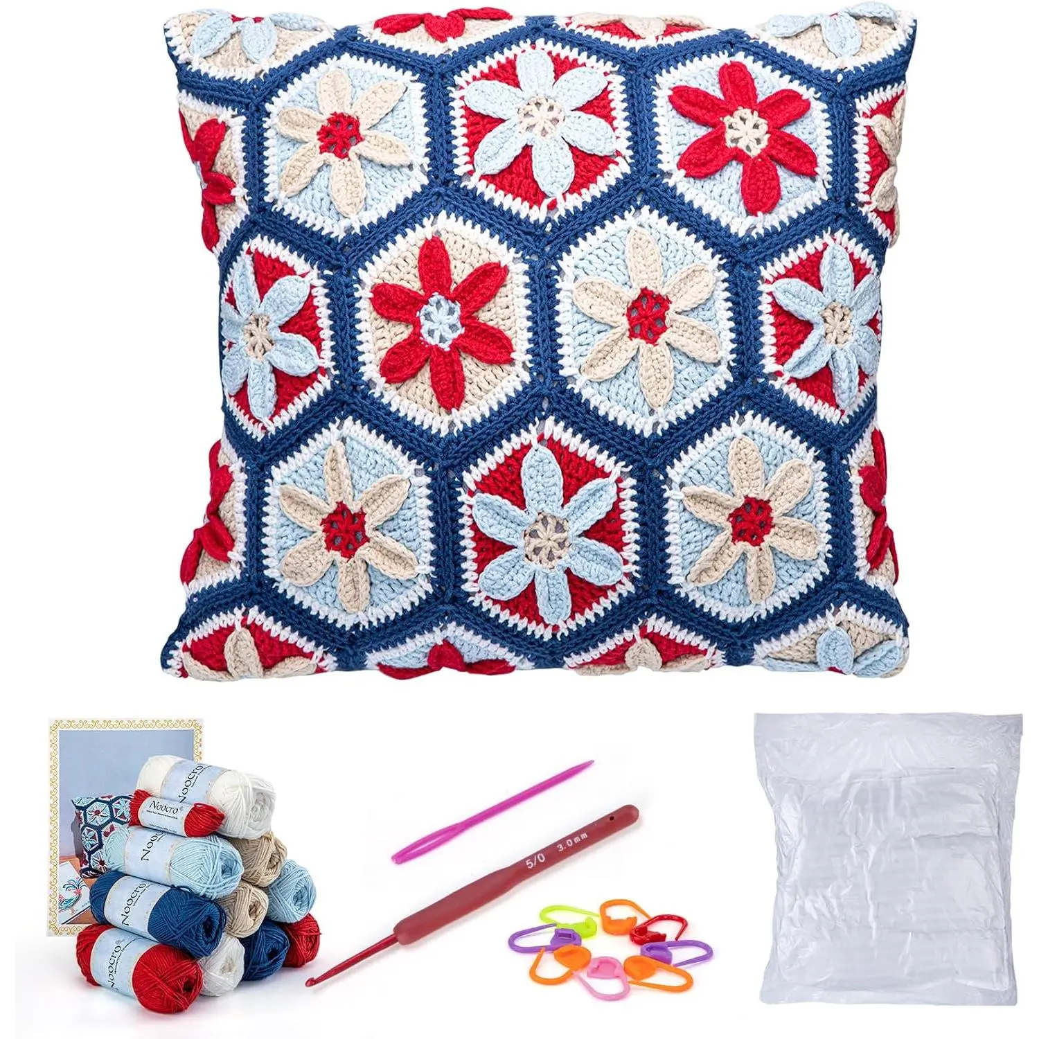 Crochet Kit for  or Intermediate Beginner DIY Granny Square Pillow with Step by Step Tutorial Video and Detailed Instruction Complete Kit Craft Supplies Holiday  for Adults and