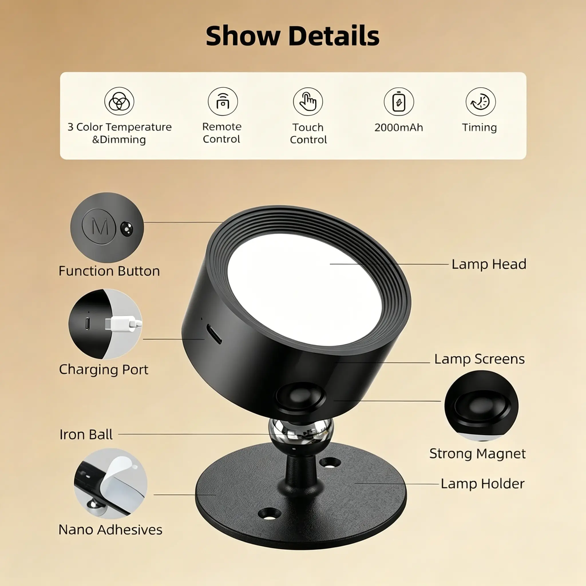 RGB Magnetic Wall Lamp Rechargeable, Three Color Temperatures, Remote Control, Timer, Living Room Indoor Wall Light, Bedside Nightlight
