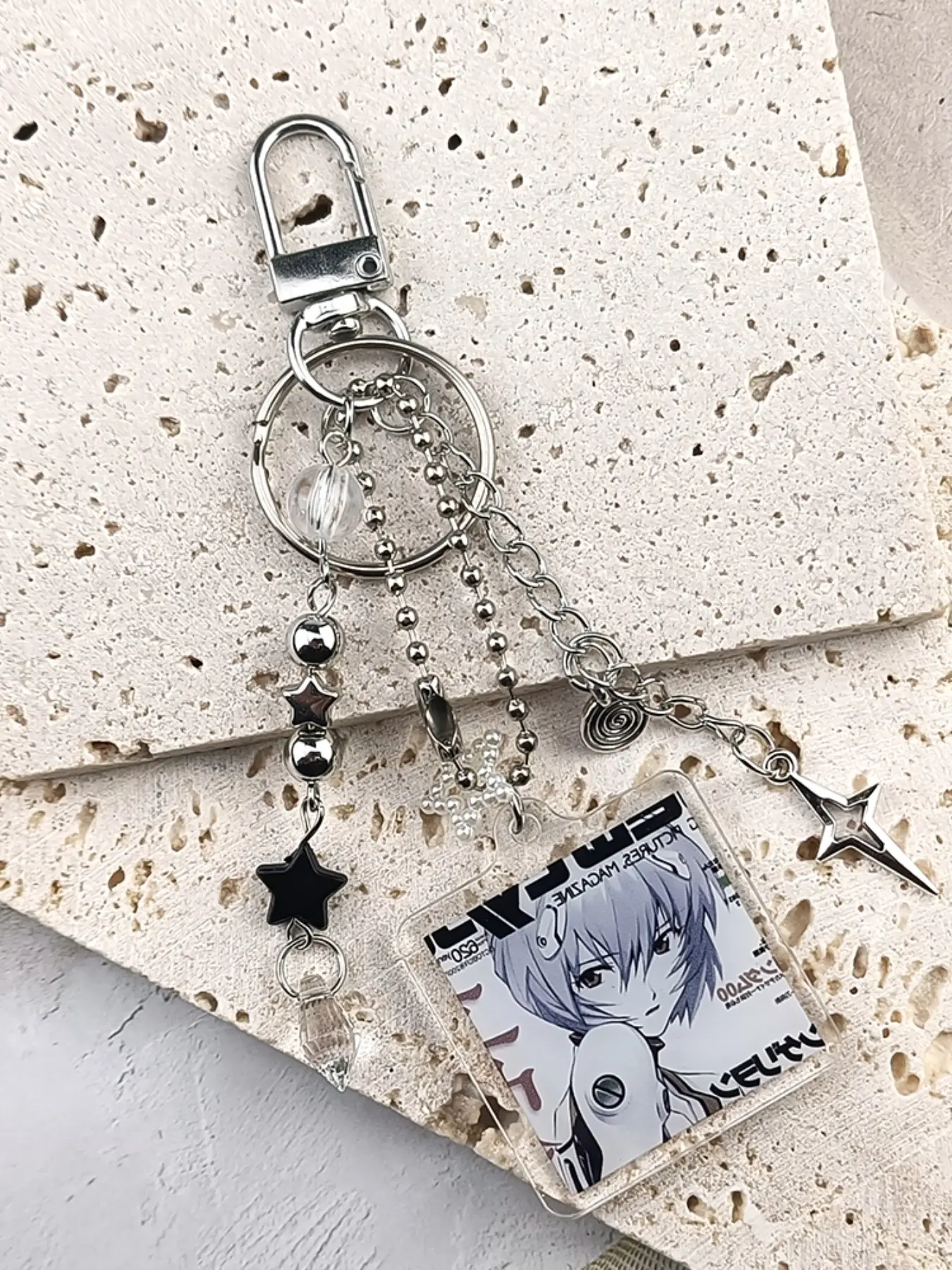and Anime Style Cool Keychains, Square Acrylic Tag with Star and Spiral Charms, Silver, Decorative for Bags and Earphone Cases, Key Rings