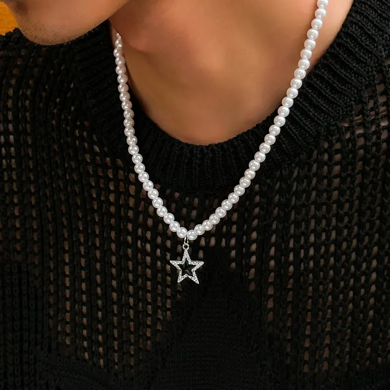 Unique Rhinestone Star Pearl Necklace for Men, Retro Hip-hop Premium Male Jewelry