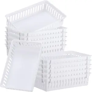Set of 12 Small Plastic Baskets for Organizing 10.24 x 6.5 x 2.36 Inch Pharmacy Baskets Rectangular Trays Plastic Organizer for Office Pharmacy Dorm Kitchens, Closets Shelves(White)