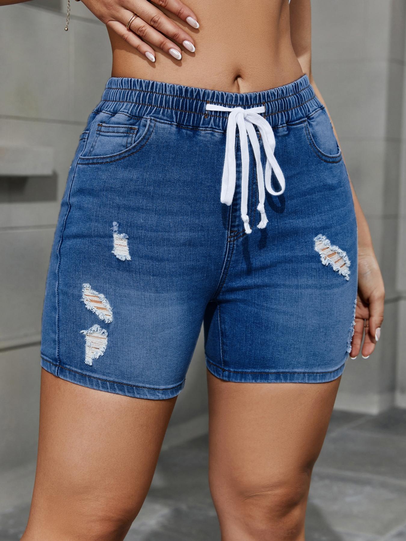 Women's Ripped Drawstring Waist Denim Shorts, High Waisted Stretchy Jean Shorts, Casual Fashion Pocket Jeans Shorts for Daily Everyday Wear, Summer Outfits 2024, Summer Clothes, Lady Summer Bottoms, Womenswear, Basic Women's Ripped Drawstring Waist Denim Shorts, High Waisted Stretchy Jean Shorts, Casual Fashion Pocket Jeans Shorts for Daily Everyday Wear, Summer Outfits 2024, Summer Clothes, Lady Summer Bottoms, Womenswear, Basic