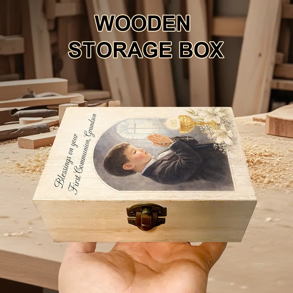 1Pc Wooden Storage Box, First Communion - Themed Prayer Box with Boy Praying Illustration, Gift Storage Box, Keepsake Box, Trinket Organizer for First Communion Gifts, Religious Mementos, Family Heirlooms, Classic & Spiritual Home Decor, Decorative Boxes