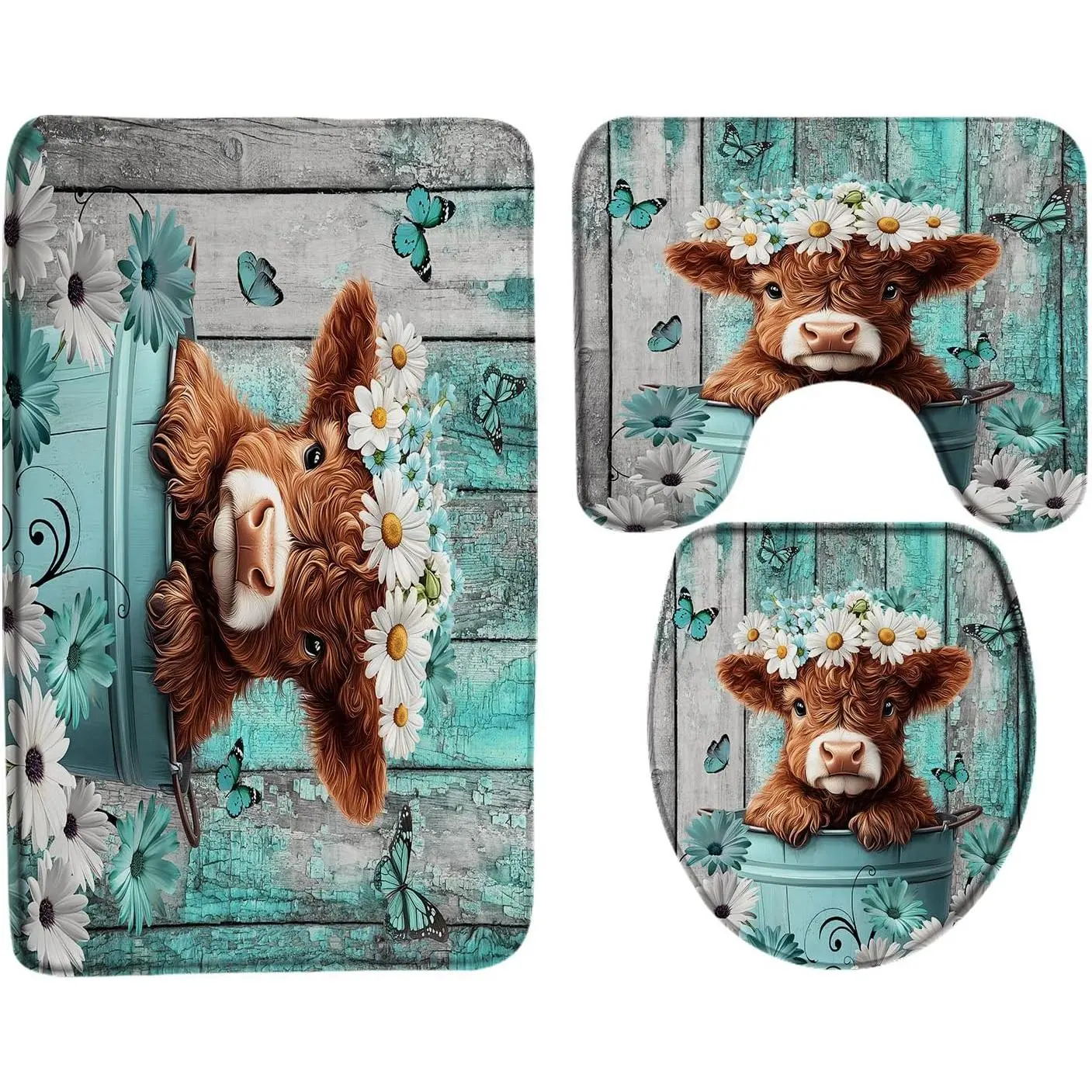 3-Piece Highland Cow Bathroom Rug Set - Teal, Daisy Floral, Butterfly, Rustic Barn Door, Cute Farm Animal Design - Home Supplies, Rectangle 16"x24" Bath Mat, Toilet Seat Cover, U-Shaped Toilet Mat, Soft, Water Absorbent, Indoor/Outdoor