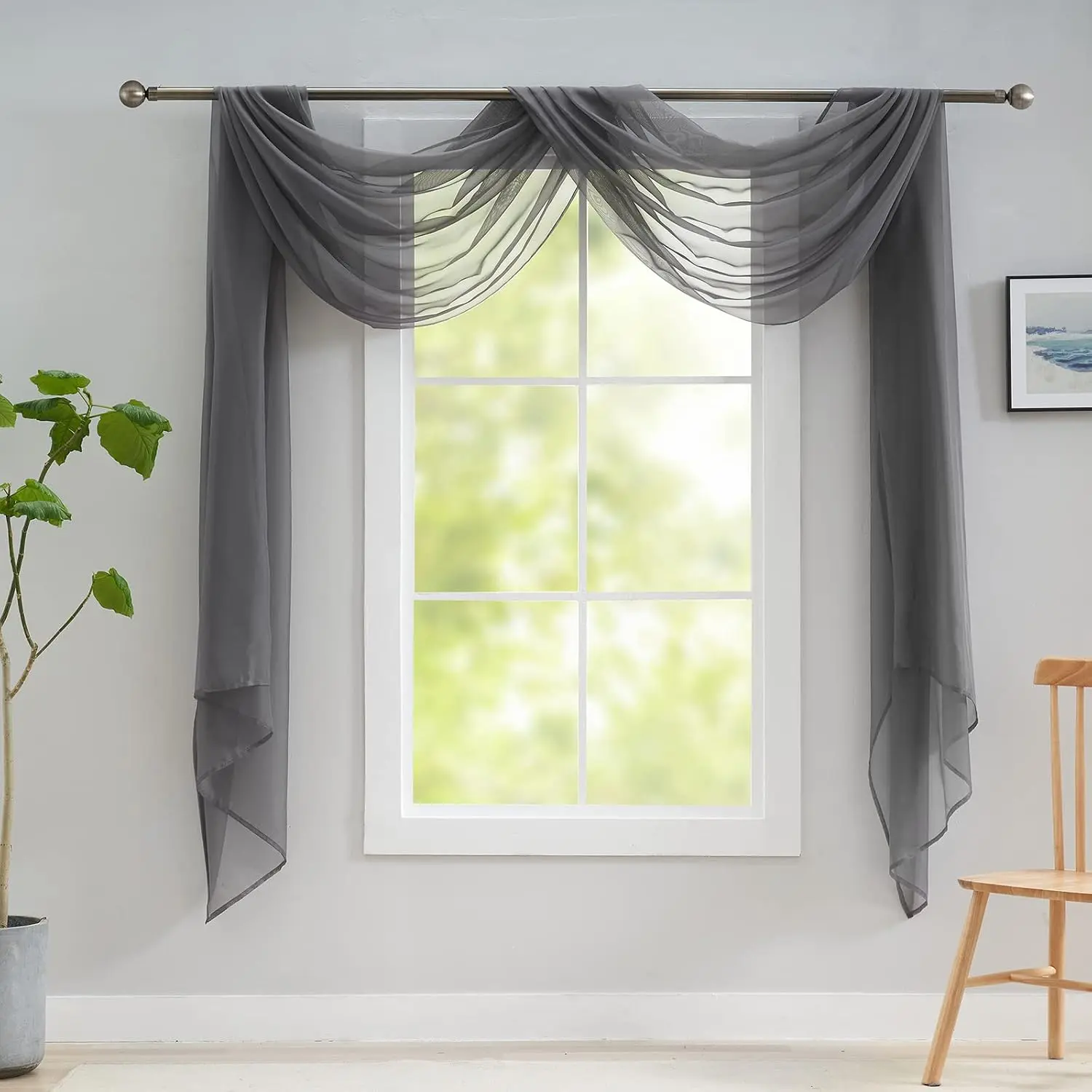 Grey Sheer Valance Curtain, 216 Inch Long Voile Window Scarf, Draping for Party/Wedding/Birthday/Revelry/Carnival, Decor for Canopy Bed/Living Room/Wall