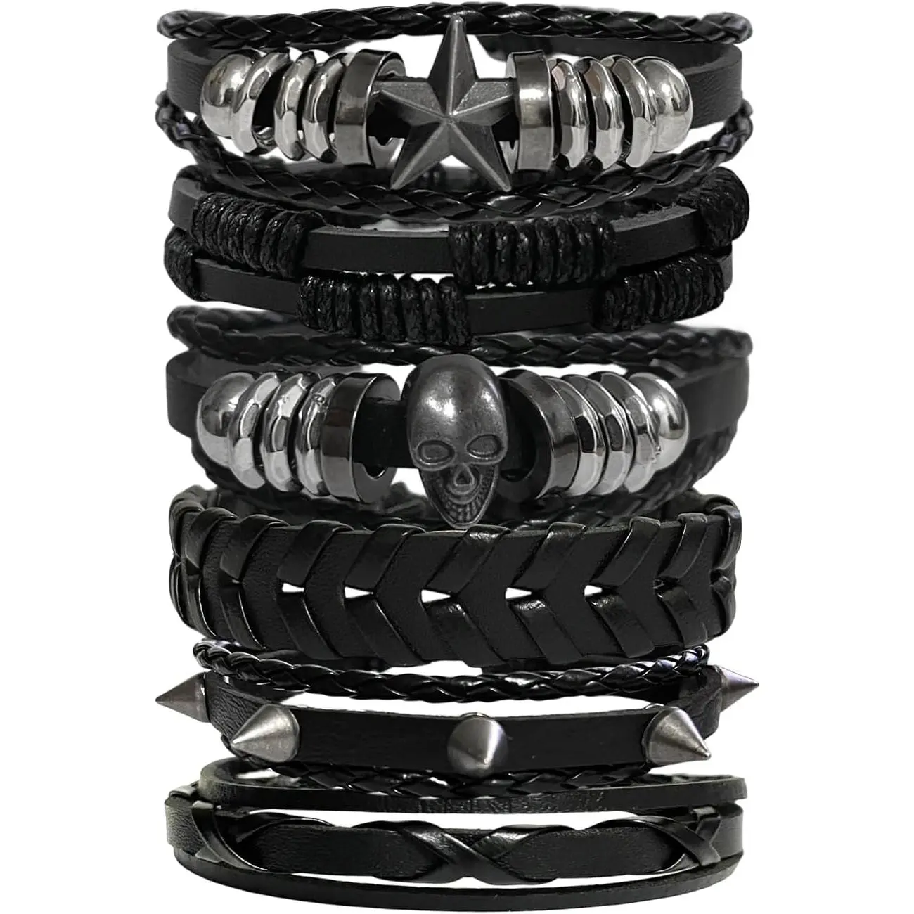 Punk Rock Bracelets for Men Women, 6 count Studded Wristbands, Adjustable PU leather bracelets with skull and  accents.  for concerts, , biker gothic styles