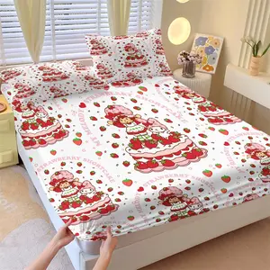 3PCS White Base My Melody Strawberry Shortcake Fitted Sheet Set (1 Fitted Sheet + 2 Pillowcases),Soft Breathable Fabric,HD Digital Printing,Cute Cartoon Kawaii All Season Bedding,Sweet Girly Bedroom Summer Vibes