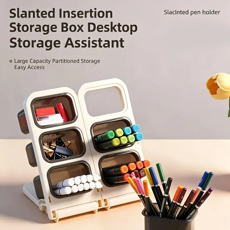 1pc Tilted Pen Holder - 3-Tier Desktop Storage Box with Easy Access Slots, Large Capacity Organizer for Markers, Pens & Supplies. Aesthetic Desk Accessory for Students, Home Office, Vanity & Study. Great Gift for Back to School, Birthdays & Holidays.
