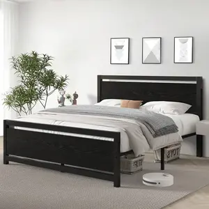 Farmhouse Metal Platform Bed Frame With Wooden Headboard & Footboard, 10.5" Underbed Storage No Box Spring Needed Noise-Free Twin Full Queen Bedroom Furniture