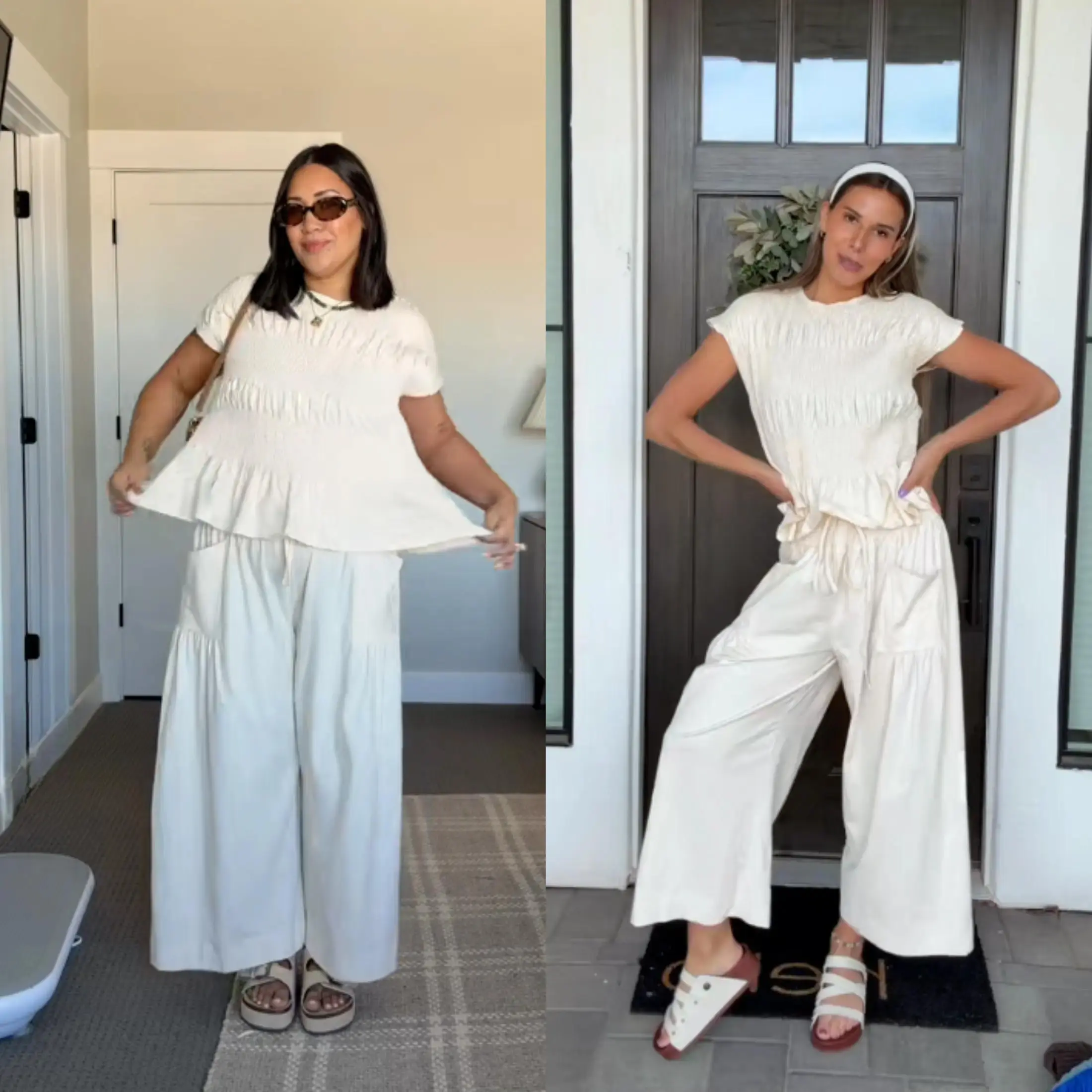 Women’s Casual 2 Piece Lounge Set, Smocked Top and High Waisted Wide Leg Pants with Pockets, Boho Summer Beach Outfit