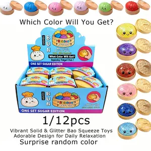 1/12 Pack Vibrant Solid & Glitter Bao Squeeze Toys with Mini Steamer Basket, Soft Stretchable Stress Relief Balls, Random Color Cute Dumpling Fidget Toys, Ideal Birthday & Party Gifts for Kids & Adults