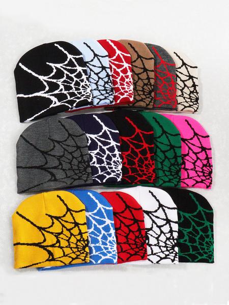 Unisex Spider Web Y2K Knit Beanie, Casual Fitted Hat for Fall & Winter, Trendy Jacquard Outdoor Cycling Cap, No Brim Design