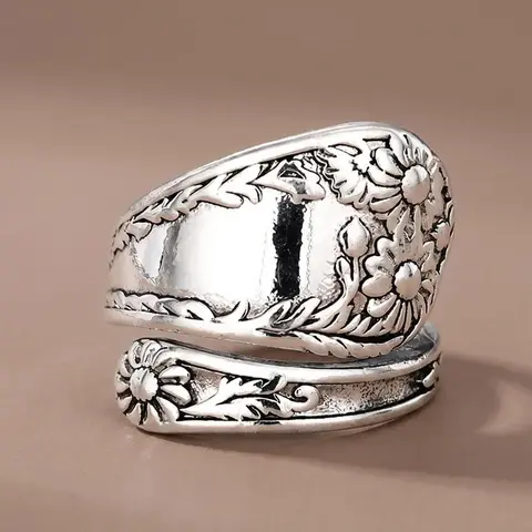 Vintage Flower Design Cuff Ring, Statement Ring, Beautiful Rings, Boho Style Rings, Fashionable Jewelry for Women & Girls, Elegant All-match Fashion Anniversary Party Jewelry Gift, Elegant Casual Ring