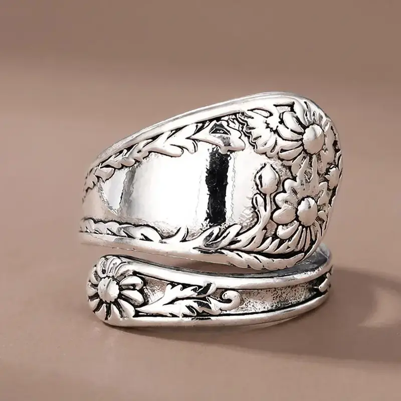 Vintage Flower Design Cuff Ring, Statement Ring, Beautiful Rings, Boho Style Rings, Fashionable Jewelry for Women & Girls, Elegant All-match Fashion Anniversary Party Jewelry Gift, Elegant Casual Ring