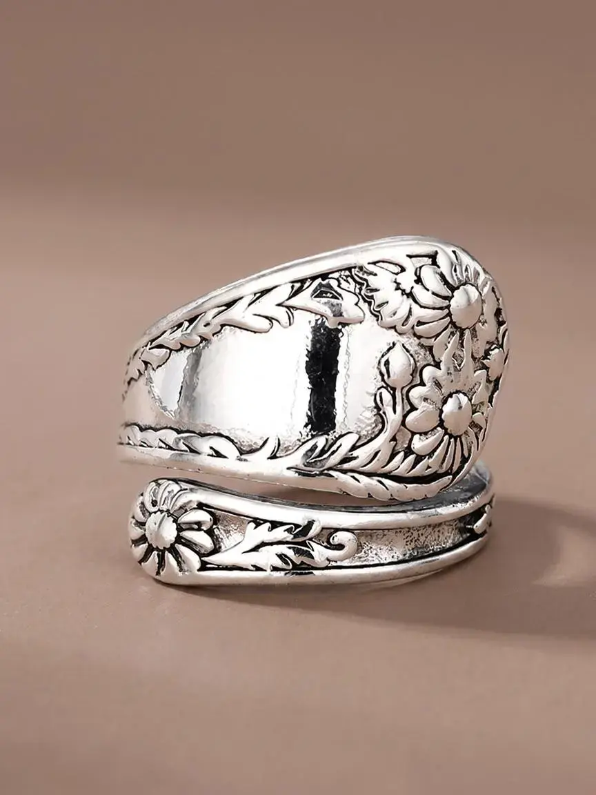 Vintage Flower Design Cuff Ring, Statement Ring, Beautiful Rings, Boho Style Rings, Fashionable Jewelry for Women & Girls, Elegant All-match Fashion Anniversary Party Jewelry Gift, Elegant Casual Ring