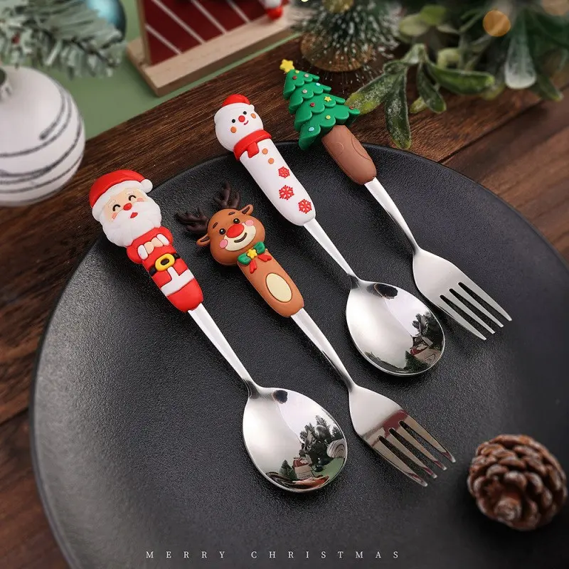 Christmas Cutlery Set in Reusable Stainless Steel with Santa Snowman Reindeer and Tree Handles, Festive Tableware for Dessert Coffee Tea Kitchen Dining Holiday Gift