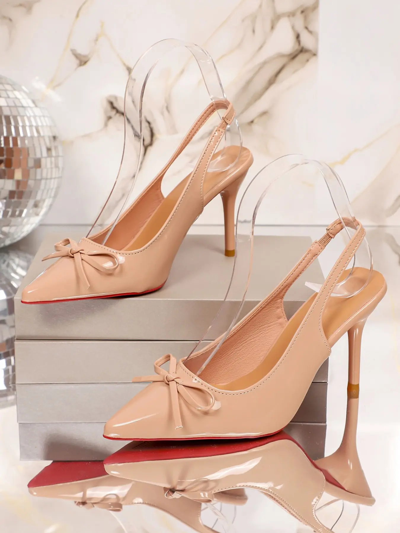 Women's Mini Bow Pointed Toe Elastic Slingback Stiletto Pumps Slip On Backless Non Slip Red Bottom Cloud Cushioned Arch Support Walking Comfort Wedding, Bridal Wedding Footwear, Office Date Night Formal Footwear Nude Black