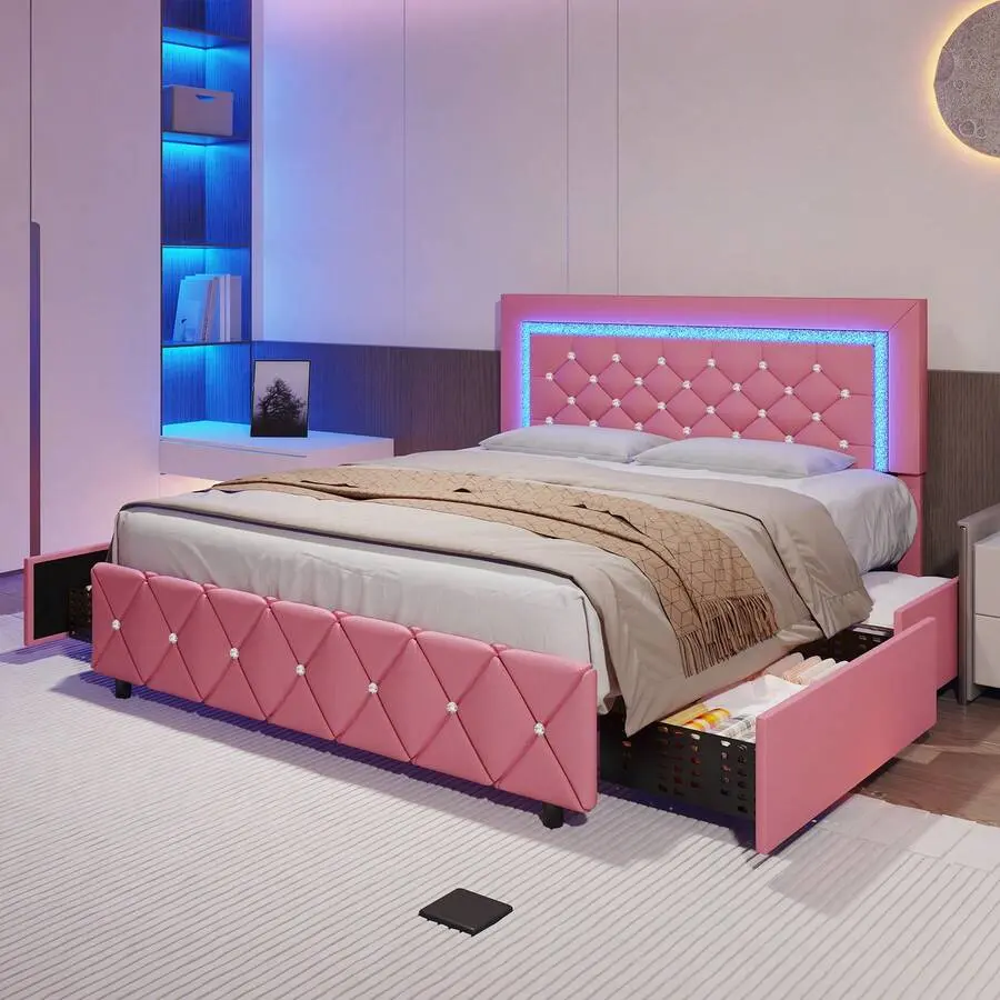 Twin / Full / Queen Upholstered Platform Bed Frame with Drawers & USB‑Powered LED Strip, Diamond Tufted Headboard & Footboard, Modern Bedroom Furniture, White / Pink / Black / Purple / Yellow