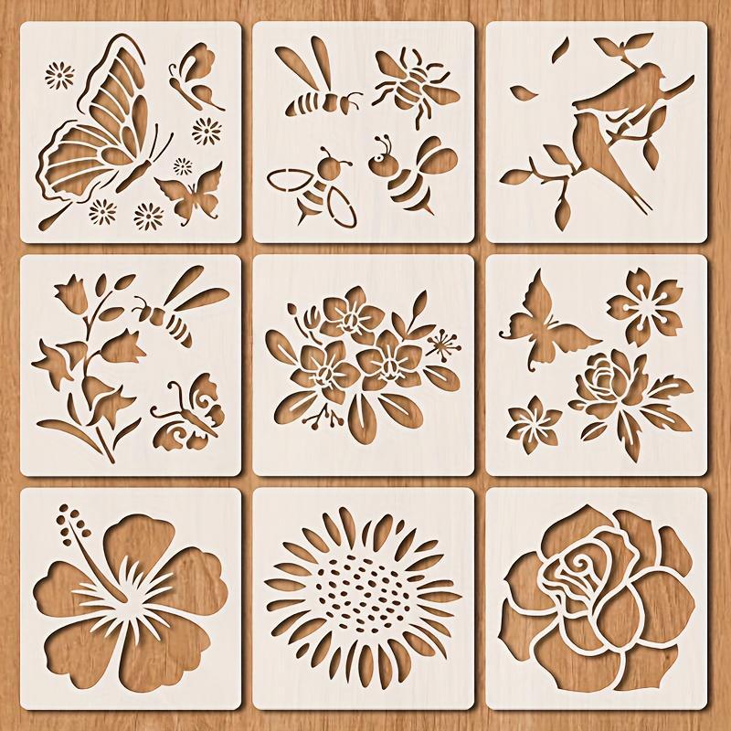 Flower & Bee & Butterfly Pattern Wooden Painting Stencil, 9 Counts/set Reusable DIY Painting Stencil, DIY Craft Stencil, Craft Kits for Wooden Wall Canvas Home Decor