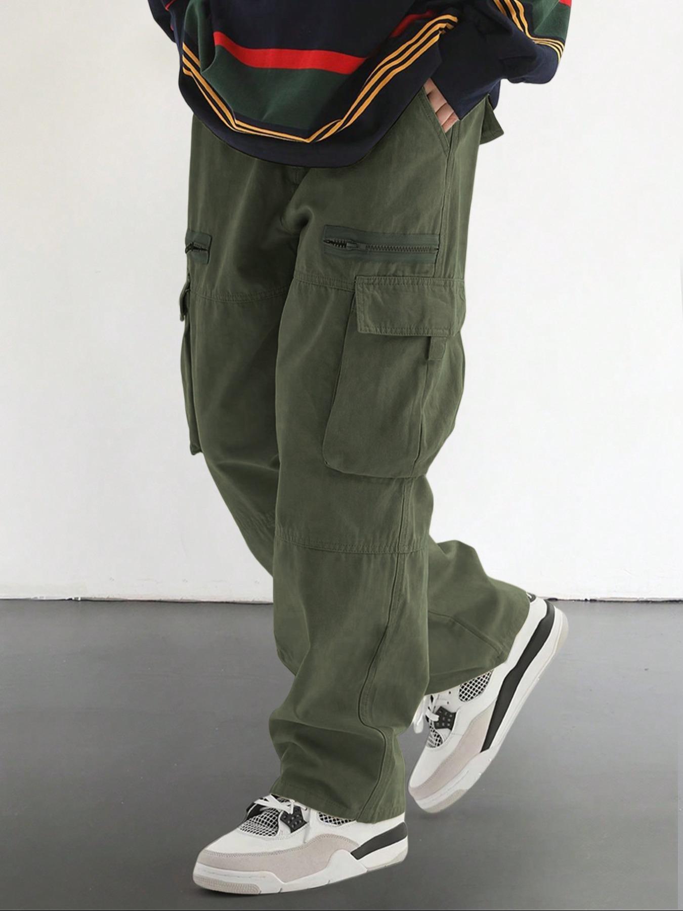 Unisex Loose-Fit Solid-Color Cargo Pants with Pockets, Drawstring and Zip Fly, Casual Comfy Woven Trousers for Everyday Outdoor Wear, Streetwear Style, Suitable for All Seasons