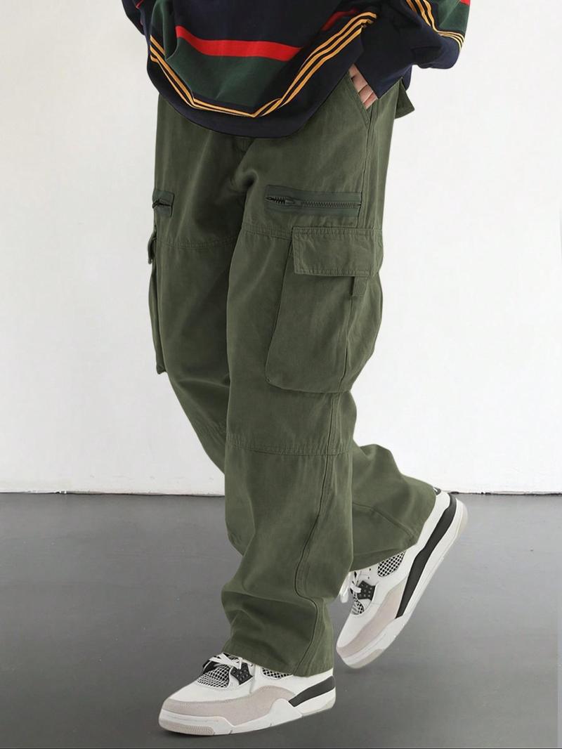 Unisex Loose-Fit Solid-Color Cargo Pants with Pockets, Drawstring and Zip Fly, Casual Comfy Woven Trousers for Everyday Outdoor Wear, Streetwear Style, Suitable for All Seasons