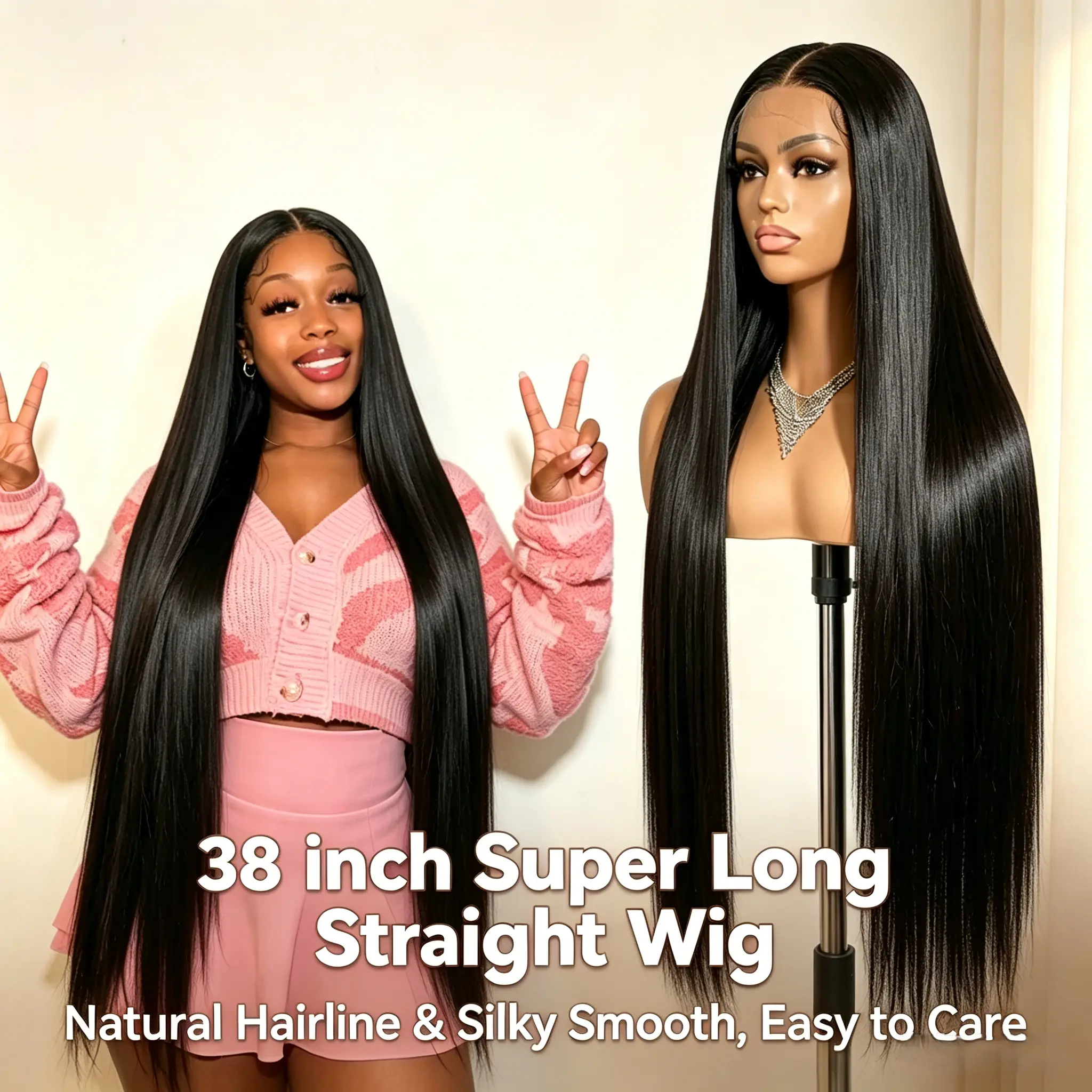 Synthetic 38in Straight Lace Front Wig, 13x6 Glueless HD Lace, Soft Natural Black Human Hair with Pre-treated Hairline