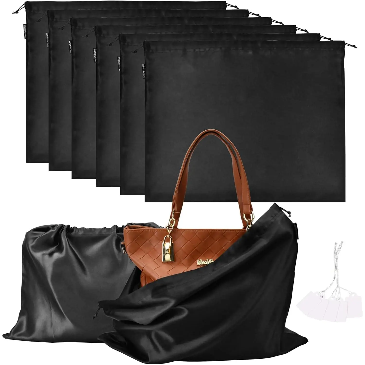 6 Pack Dust Bags for Handbags Silk Dust Cover Bag for Handbags Purses Shoes Boots, Silk  Drawstring Bag Travel Storage Pouch (Black, 19.6 × 15.7 in)
