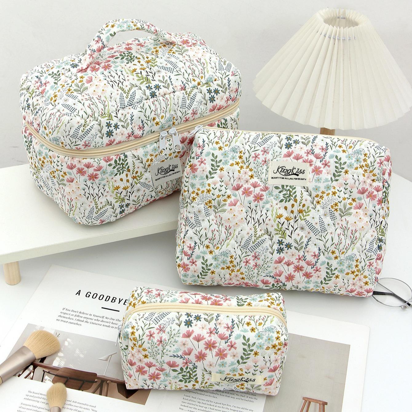 Floral Pattern Makeup Bag Set, 3 Counts Large Capacity Travel Cosmetic Storage Bag, Zipper Makeup Organizer Pouch, Travel Cosmetic Bags