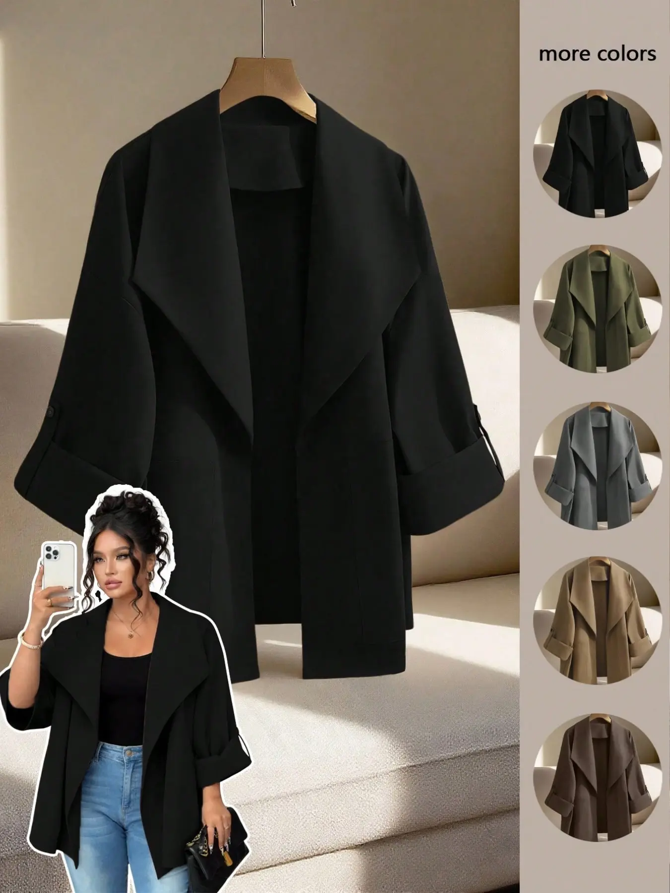 Plus-Size Women's Oversized Lapel Lantern-Sleeve Coat Jackets, Flattering Relaxed Fit, Effortless Aesthetic Chic Style, for Spring & Fall Commute, Casual & Date Wear