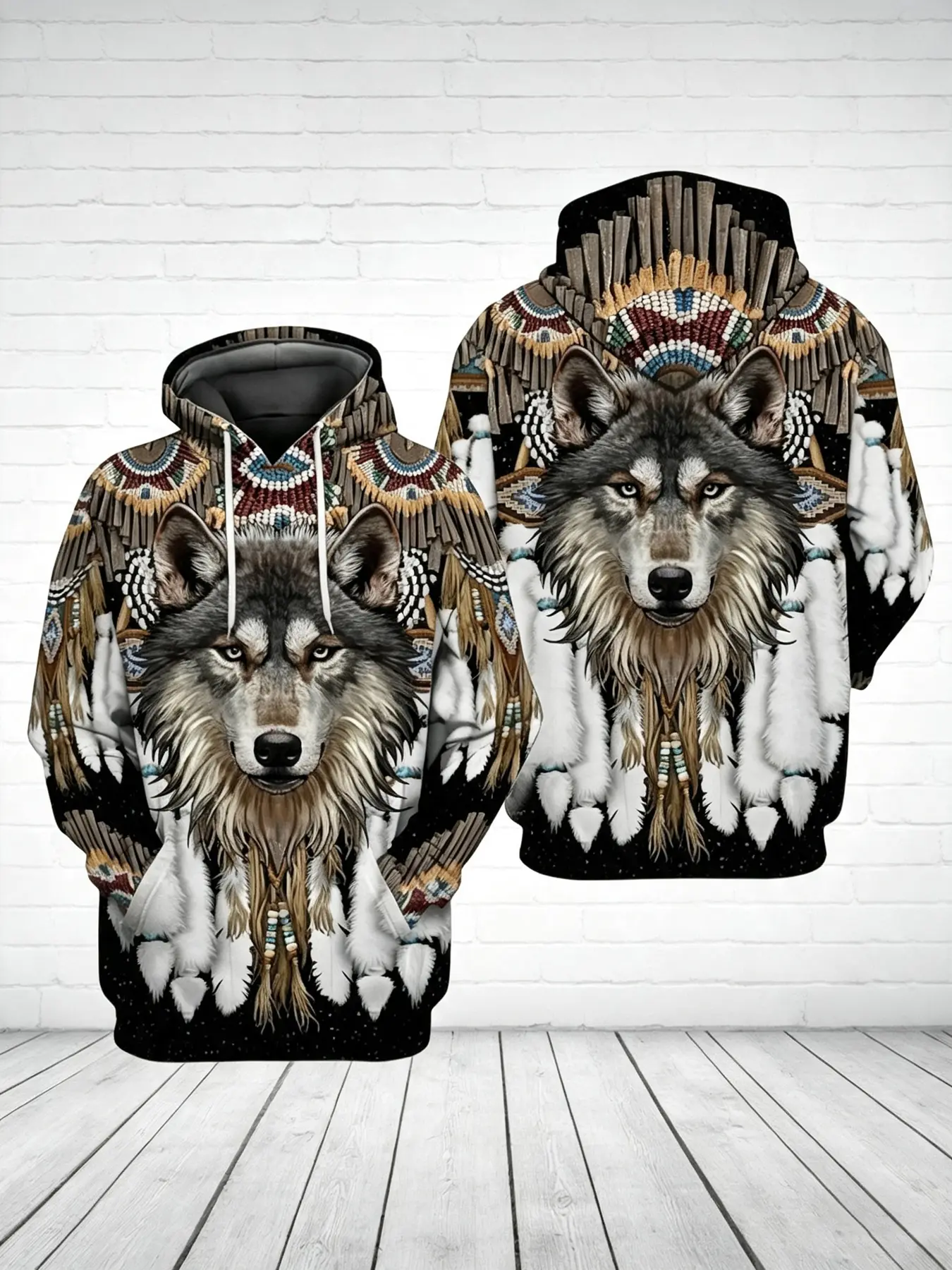 Indian Feather Wolf Head 3D Printed Hoodie, Ethnic Style Retro Personalized Streetwear Hooded Sweatshirt