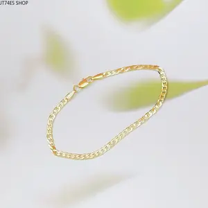 Men Women Matching Flat Cuban Chain Bracelet, Brass 18K Gold Plated Solid Link Daily Matching Wrist Accessory