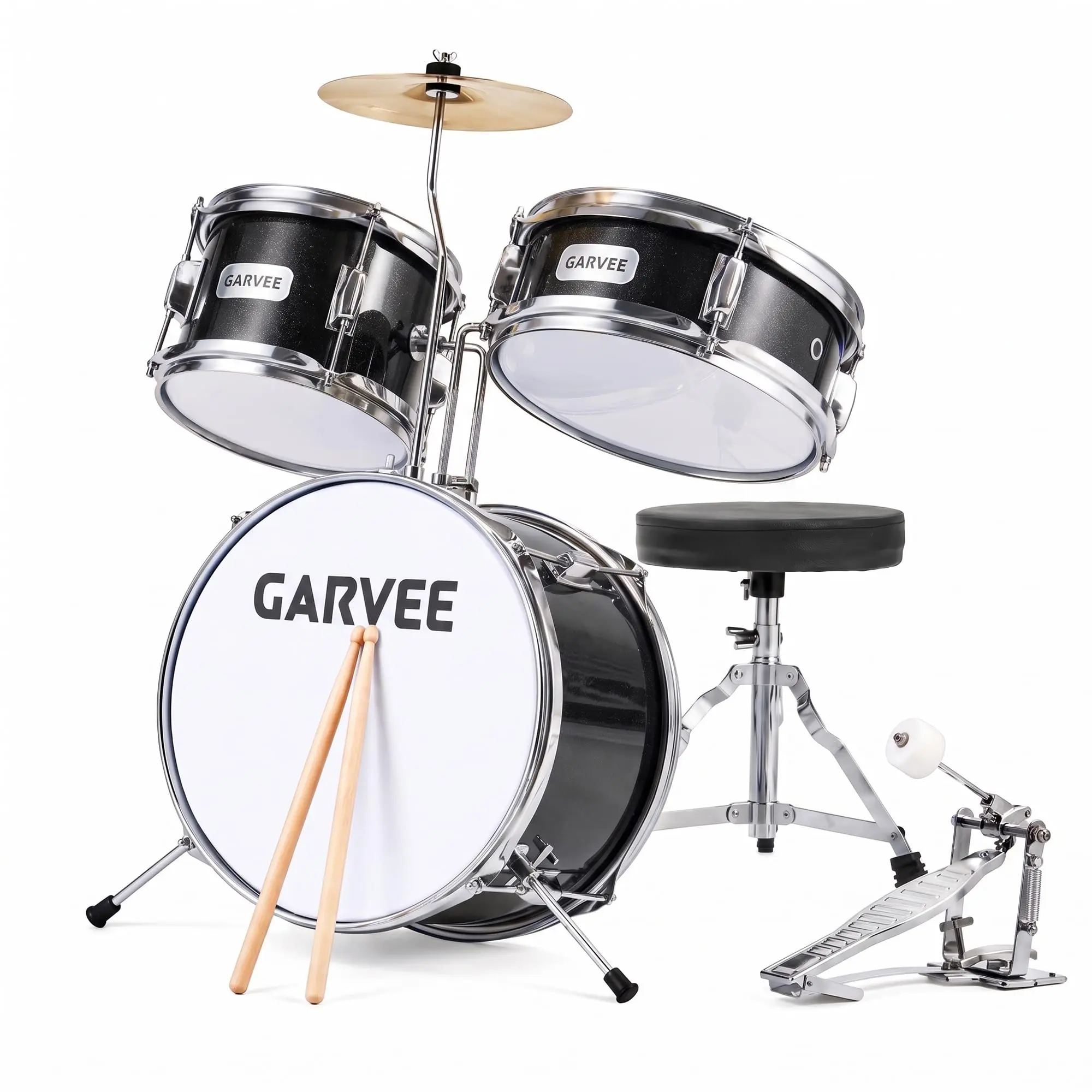 Garvee Complete 3-Piece Drum Kit with Durable 9-Ply Poplar Shells, Includes Cymbal and Bass Pedal for Versatile Percussion Performance