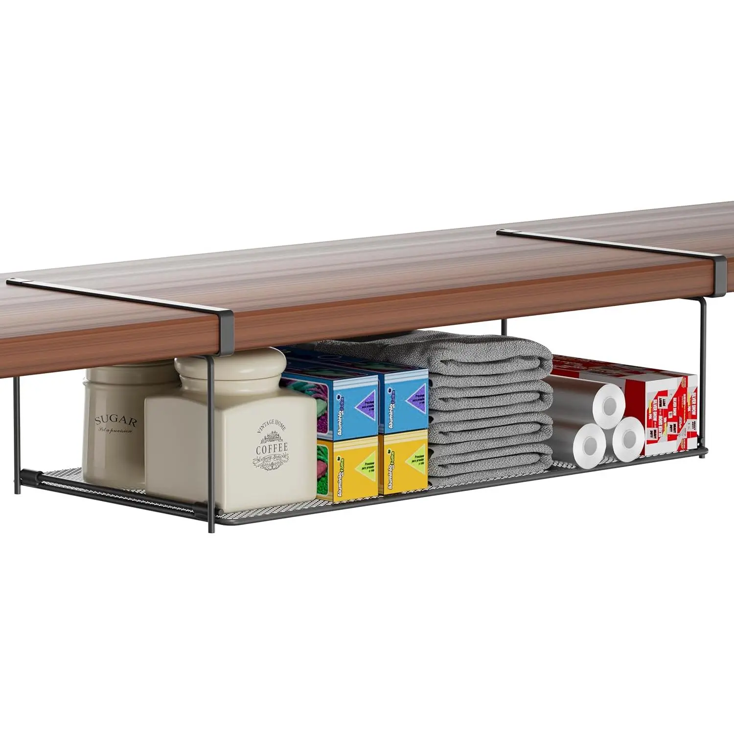 Foldable Metal Under Cabinet Organizer,Multi-Functional  Storage Rack for  Foil,Plastic Wrap,Kitchen Wipes,Space-Saving,Tool-Free Install,Rust-Resistant,Ideal for Kitchen (Black)