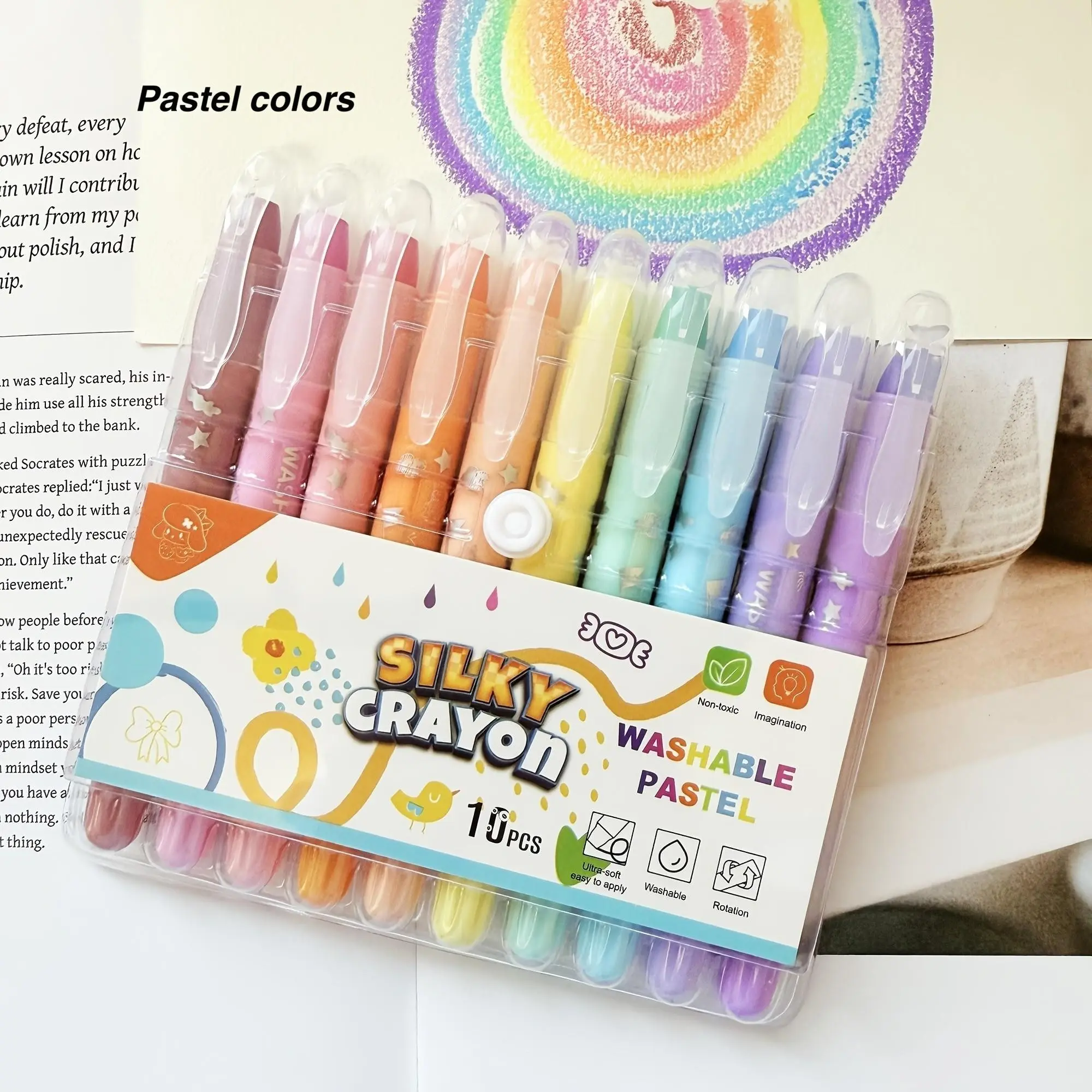 Set of 10 Flashy and Pastel Rotating Crayons, Smooth Washable Gel, Non-Toxic, Easy to Mix, Ideal for Coloring Books, Art Projects, School Supplies, Learning