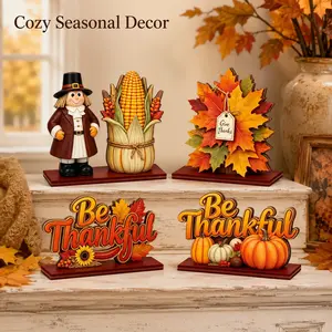 4-Piece Thanksgiving Wooden Table Decor Set, Autumn Harvest Pumpkin, Hay Bale, Corn, Maple Leaf Centerpieces, Home & Party Decoration