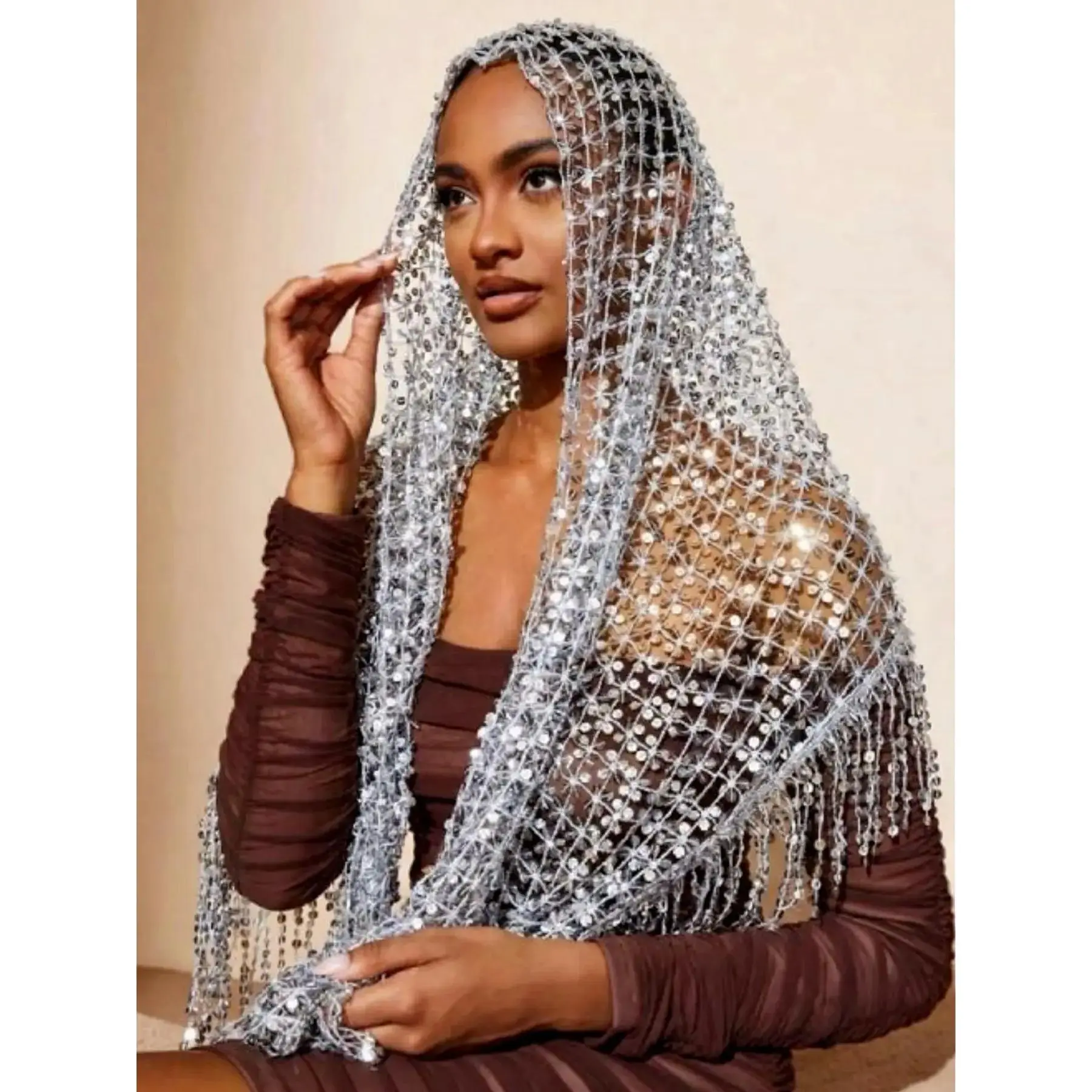 Female Bohemian Shawl with Sequin Shine, Solid Color Mesh Fabric Wrap with Fringe Trim for Party Wear, All Seasons, Long Length, Adult, Decorative Accessory Shawls, Elegant, Everyday, Woven Polyester Stretch, Boho Shawl, Women's Clothes