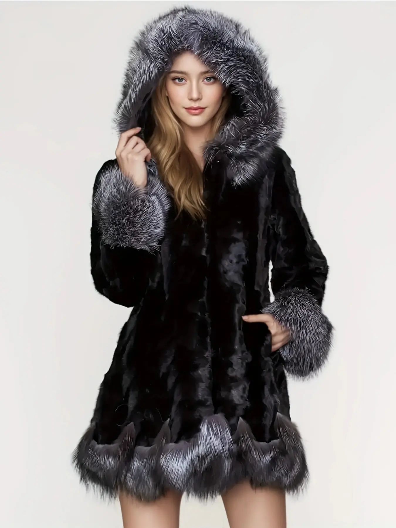 Women's Hooded Faux Fur Coat, Loose Mid‑Length Luxurious Plush Outerwear, Soft Puffy Texture, Elegant Fall Winter Garment