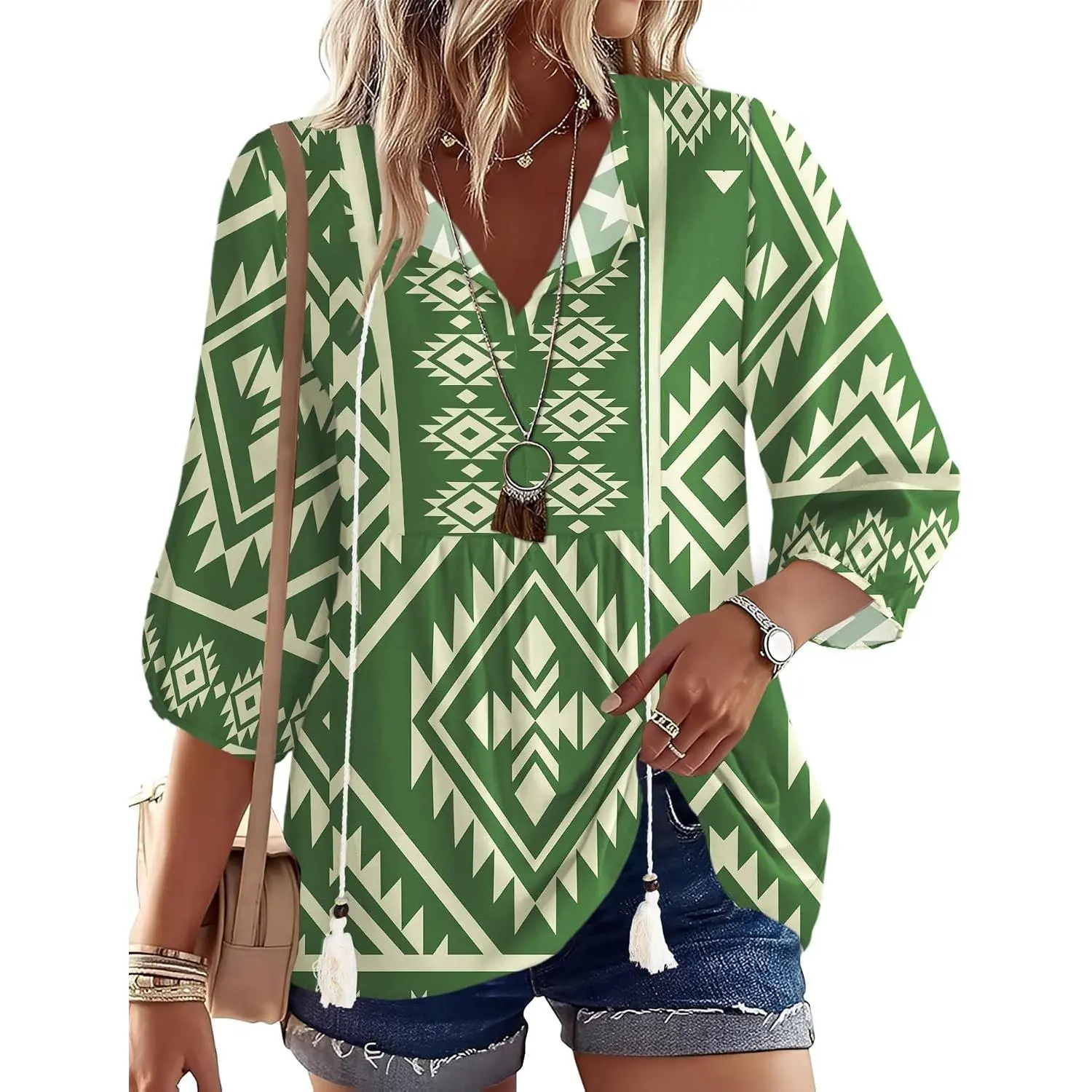 Women's Boho Summer 3/4 Sleeve Pleated V-Neck Tie Front Casual Spring Tunic Top(Gift)