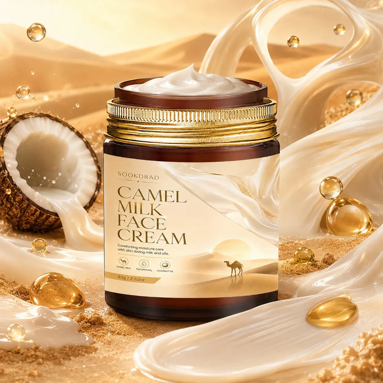 Camel Milk Face Cream, Comforting Moisturizing Care, With Camel Milk, Tocopherol, Coconut Oil, For Face, 80g/2.82oz