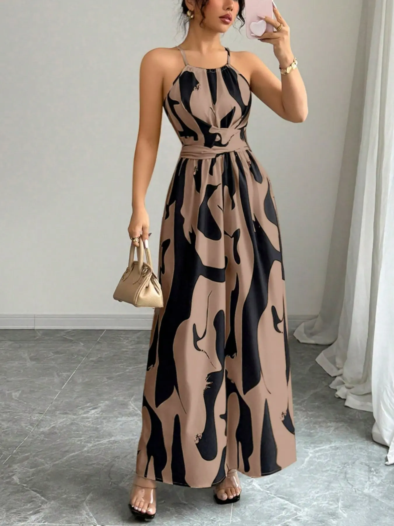 Three-Color Modern Brushstroke Print Halter Tie Waist Floor-Length Dress, Hollow Out Ruched Bust Flowy Long Dress, Perfect for Beach Parties and Evening Dates